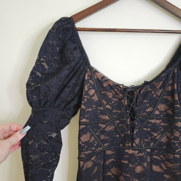 For Love & Lemons Violetta Black Lace Puff Sleeve Cocktail Dress Med Night Out - Picture 6 of 16